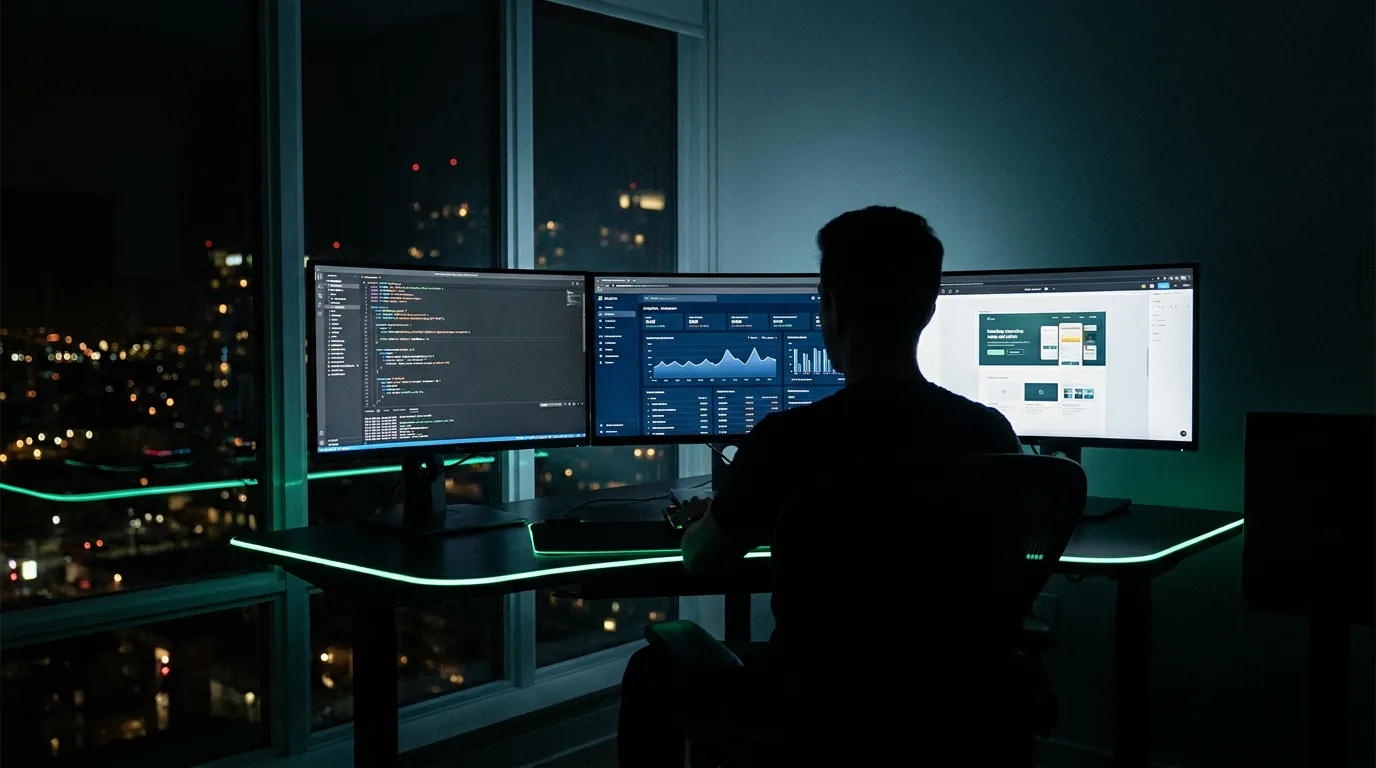Workspace at night — multi-monitor build station overlooking the city