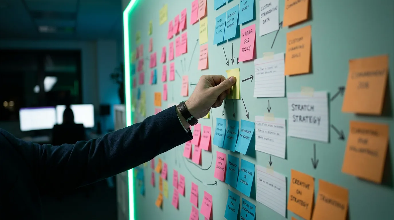 Hand placing a sticky note on a strategy wall covered in cards and arrows