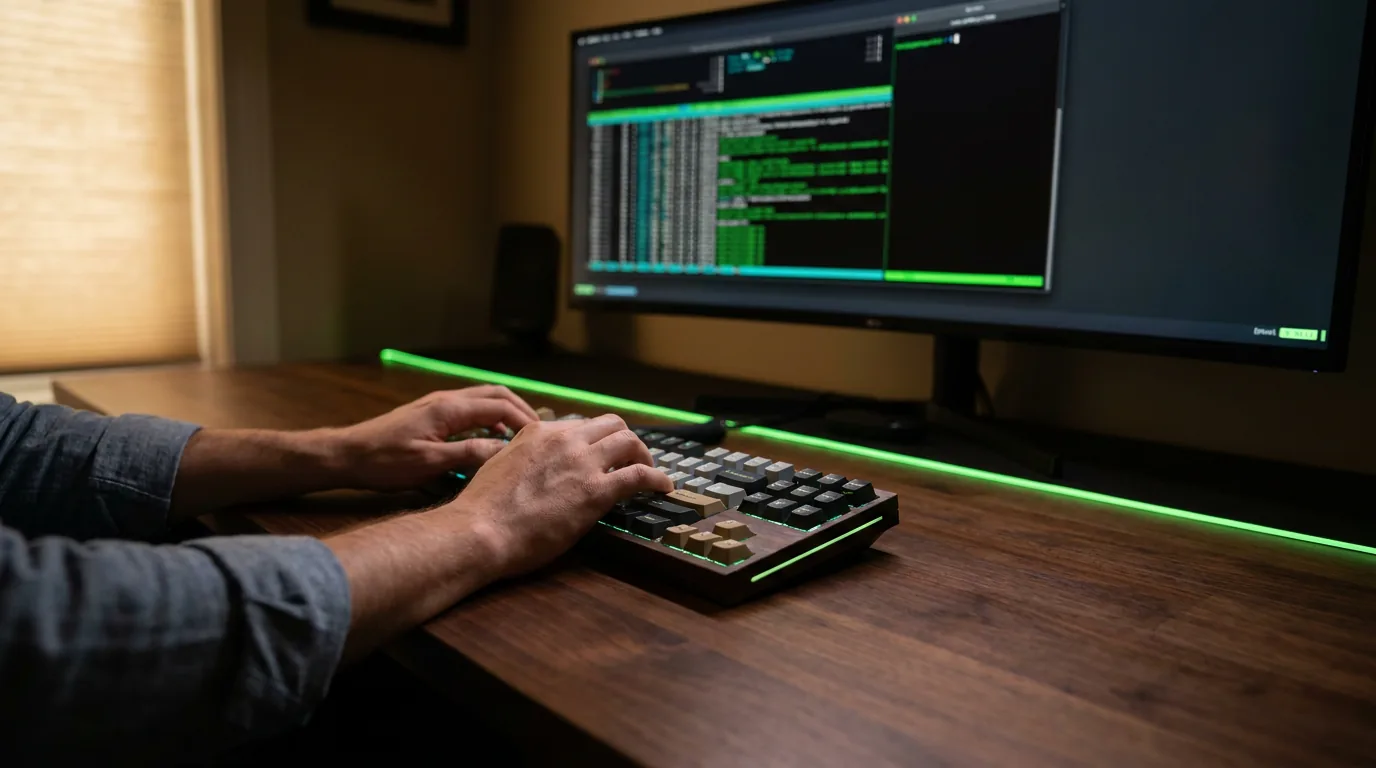 Hands at a mechanical keyboard, terminal open on the monitor